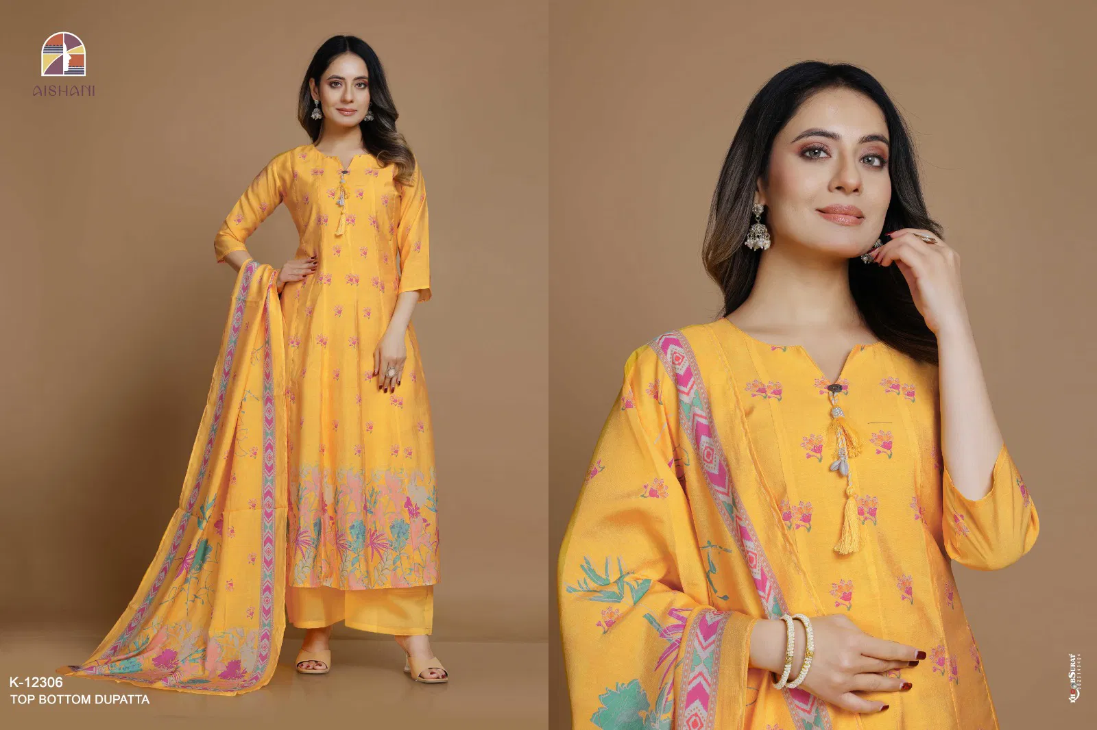 Aishani K 12301 To 12310 Soft Silk Digital Anarkali Kurti With Bottom Dupatta Exporters In India