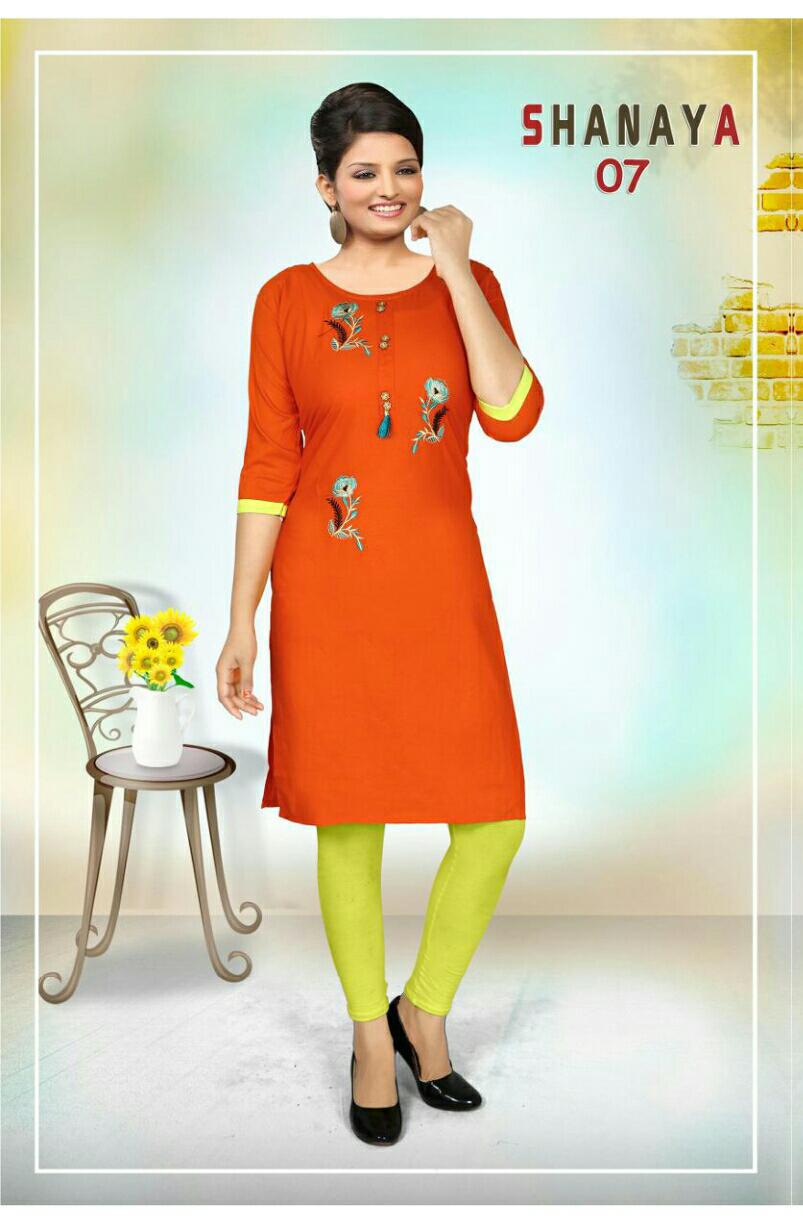 Trendy Shanaya Latest Designer Daily Wear Rayon Embroidery Work Kurtis Collection
