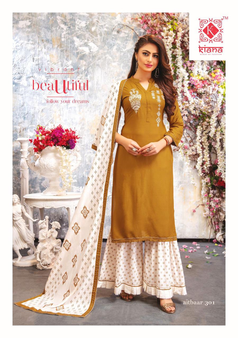 KIANA AITBAAR VOL-3 Latest Designer Fancy Festive Wear Rayon Top With Embroidery Work And Gold Print Readymade Salwar Suit Collection