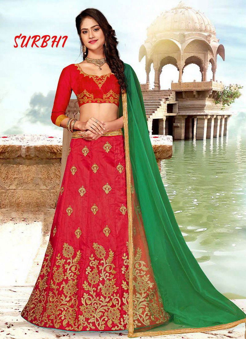Rani And Yellow Saanchi Surbhi Wedding Designer Bridle Embroidered Silk Lehenga Choli Collection