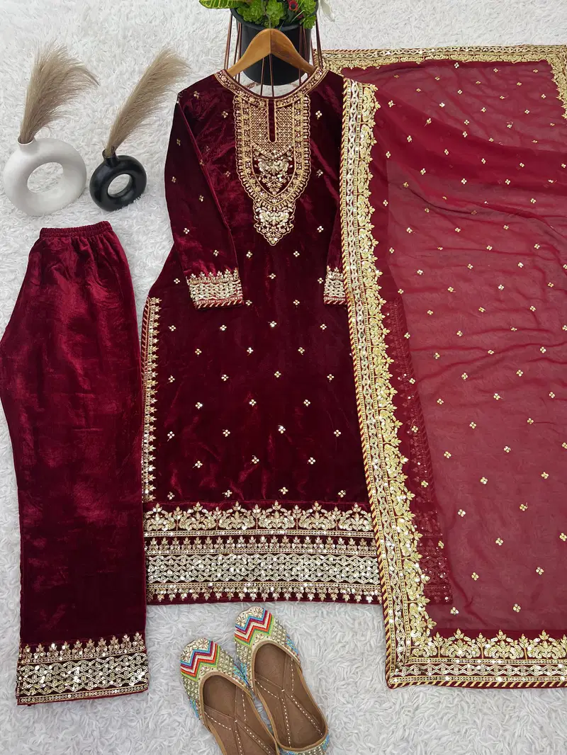 Sr 1652 Pure Heavy Viscose Velvet Kurti With Bottom Dupatta Orders In India