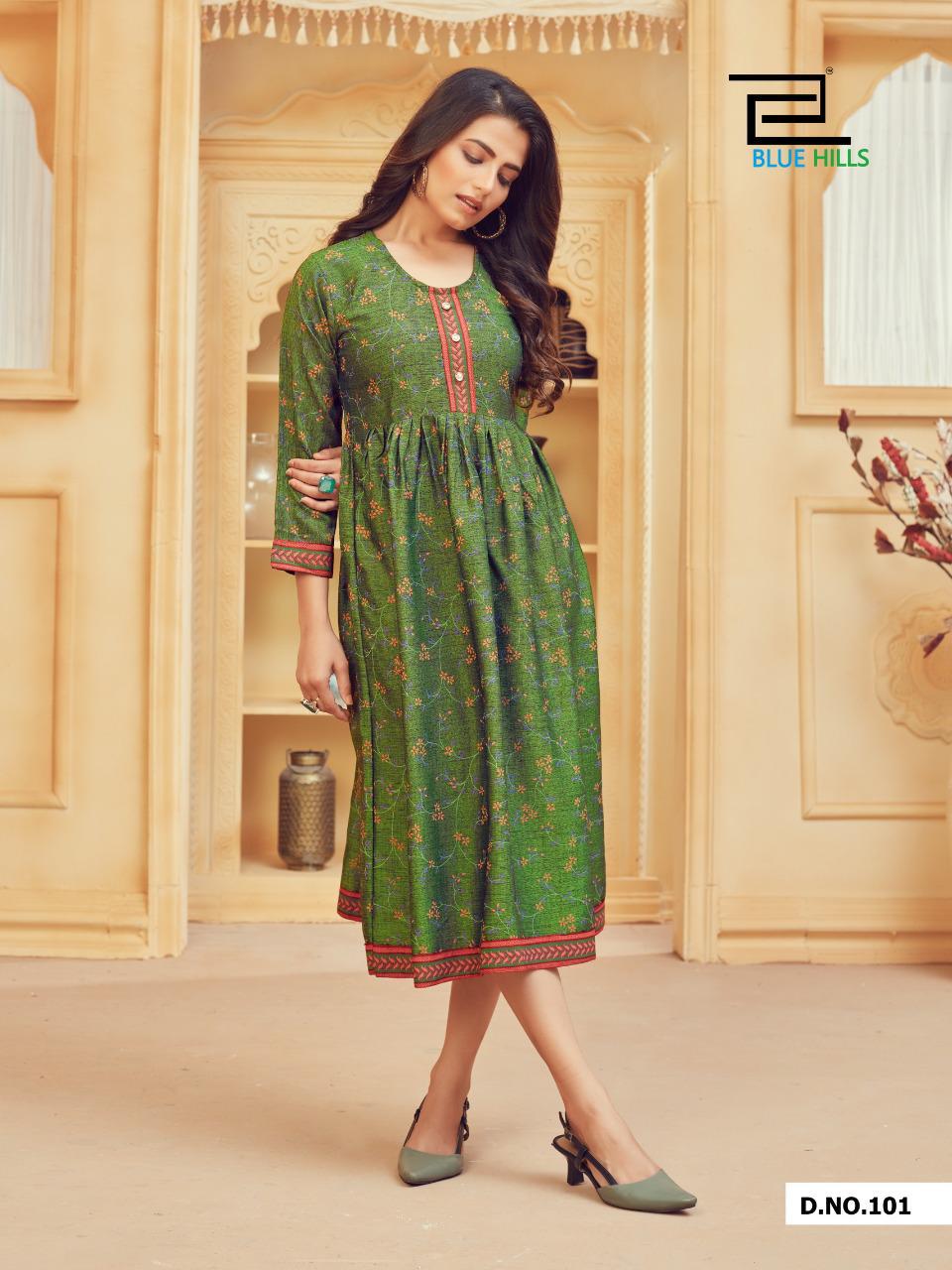 Blue Hills Velly 1 Designers Printed Ethnic Wear Rayon Kurtis Collection
