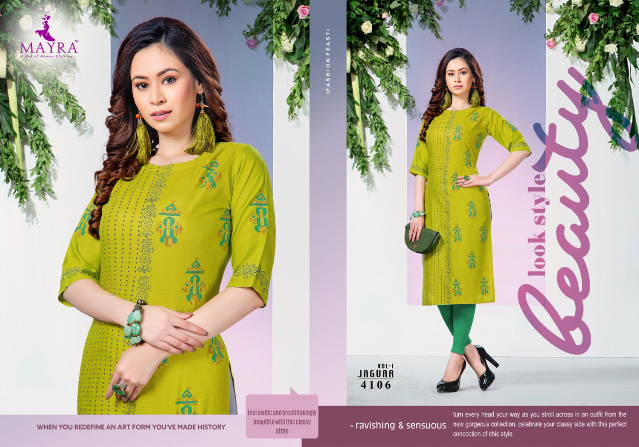 Mayra Jaguar 1 Latest Fancy Designer Casual Regular Wear Printed Designer Rayon Kurtis Collection

