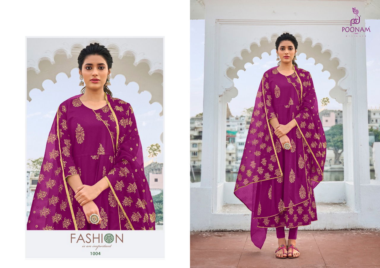 Poonam Anika Latest Fancy Designer Pure malai cotton Double layer Gown With Foil Print Long Kurti With Dupatta Collection
