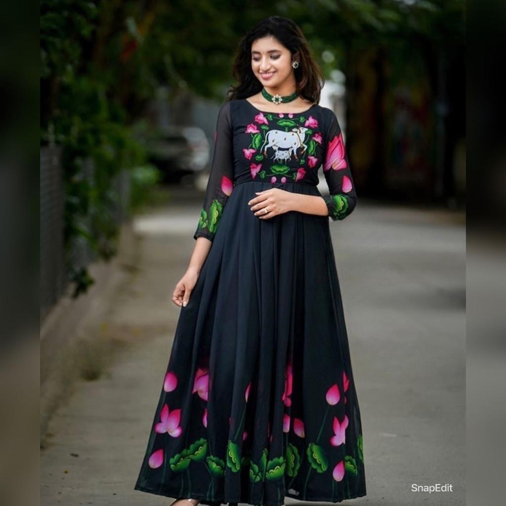 Cow Maxi By Bhargavi Black Georgette Printed Gown Catalog
