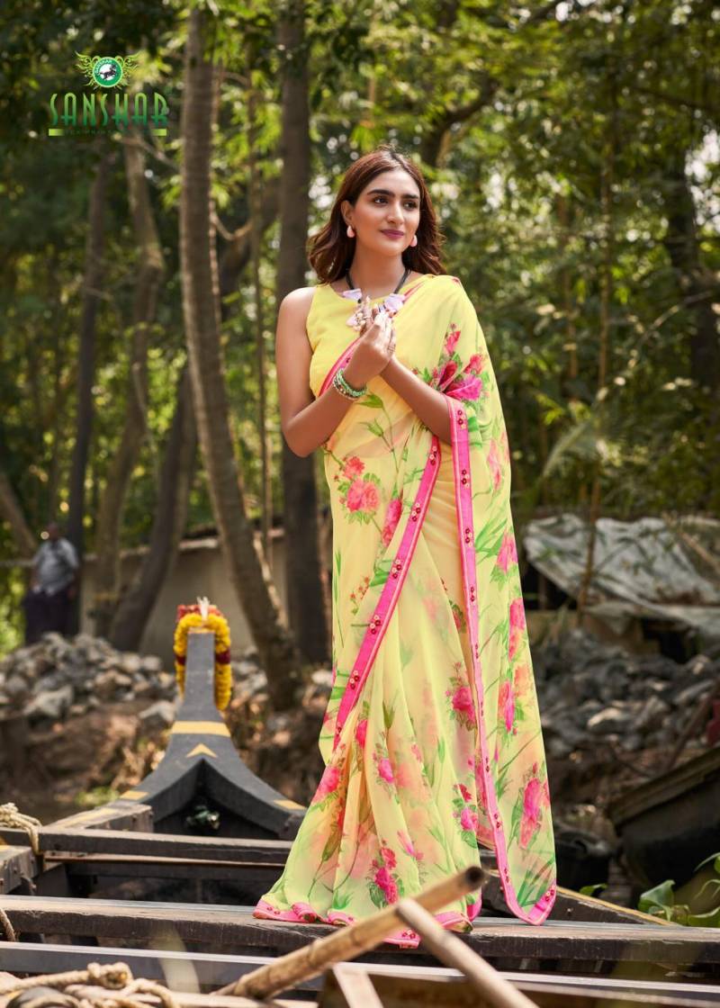 Sangeet By Sanskar Bember Georgette Embroidered Saree Wholesale Online