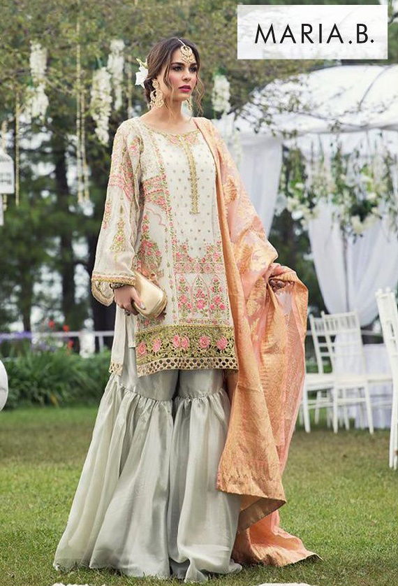 Deepsy Maria B Pure Rayon Cotton Net with Embroidery Tabby Silk Digital Print Designer Sharara Suit