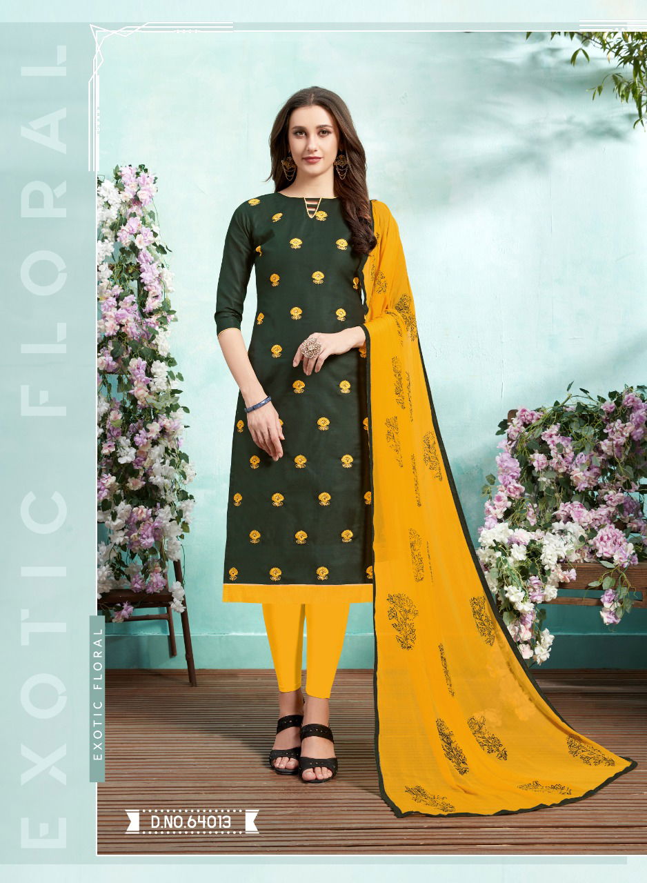 Kiss Miss 64 Designer Lawn Cotton Fancy Churidar Dress Material With Work and Four sided Lace Border Dupatta 