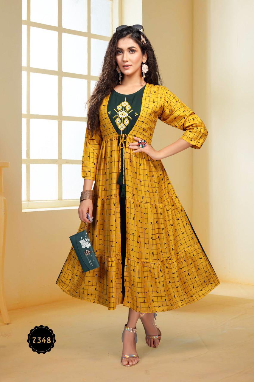 Ft Peacock Casual Wear Rayon Kurtis With Attached Jacket Collection
