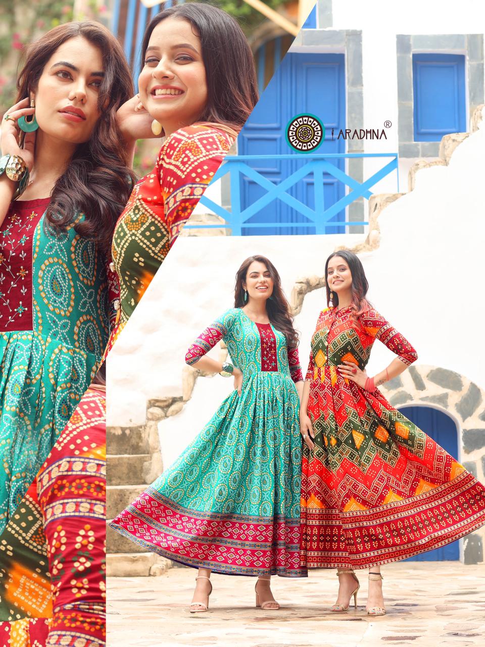 Aradhna Bandhani 2 Heavy Cotton Printed Festive Wear Anarkali Long Kurtis Collection

