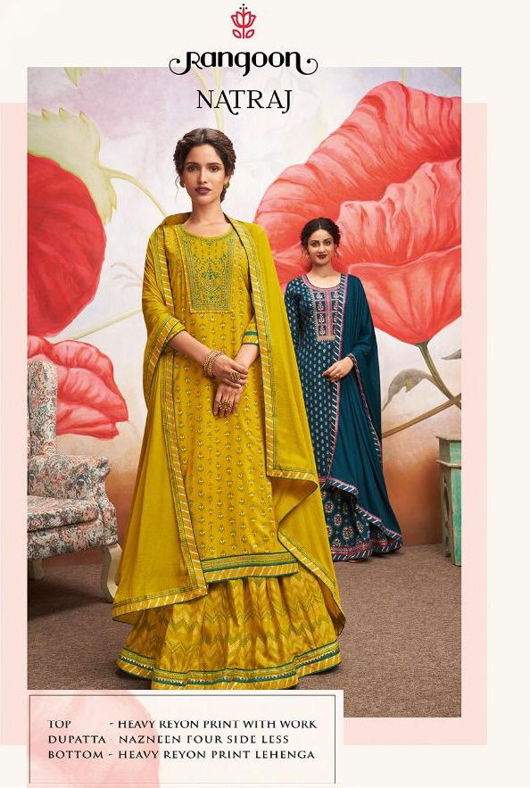 Rangoon Kessi Fabrics has launched Natraj Heavy Rayon with Print Work Top and Lehenga Collections
