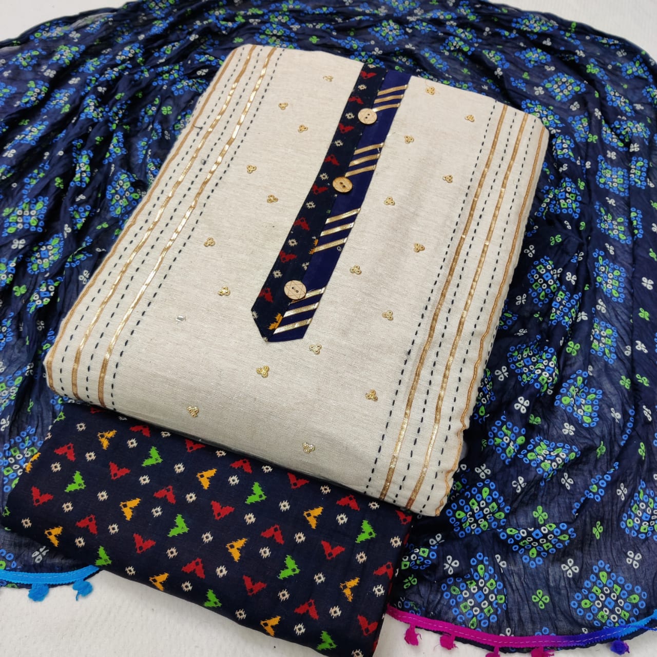 Sc 5044 Latest Designer Festive Wear Khadi Cotton Jaipuri Bandhani Print Dress Material Collection
