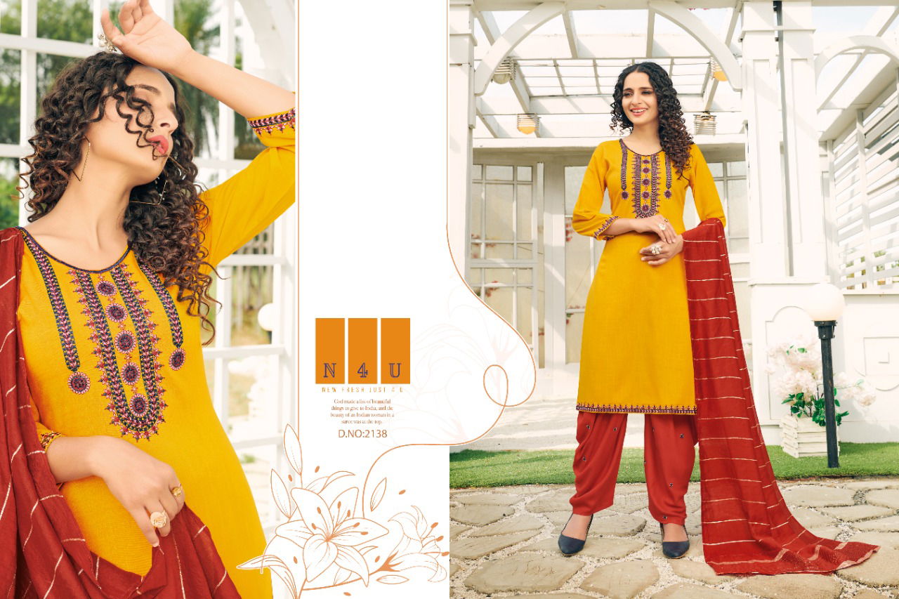 Tunic House N4u Patiyala Ethnic Wear Rayon Slub With Heavy Embroidery Ready Made Collection
