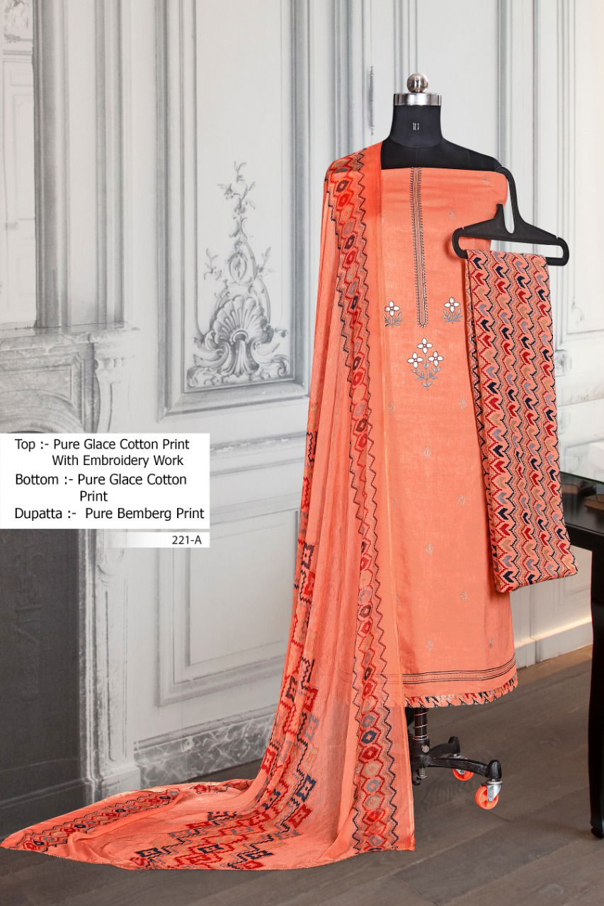 BIPSON 221 COLOURS Ethnic Latest Regular Wear Cotton Glace Print with Embroidery work Top With Pure Bamber chiffon print Dupatta Collection

