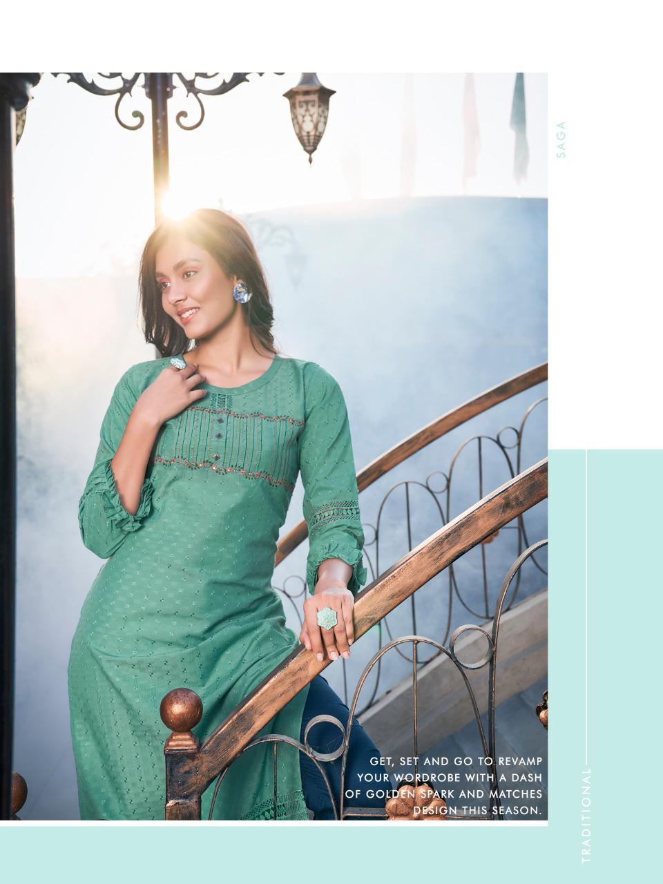 P3 Star Gold Latest Fancy Designer Ethnic Wear Poly Rayon Embroidery Kurti With Bottom Collection
