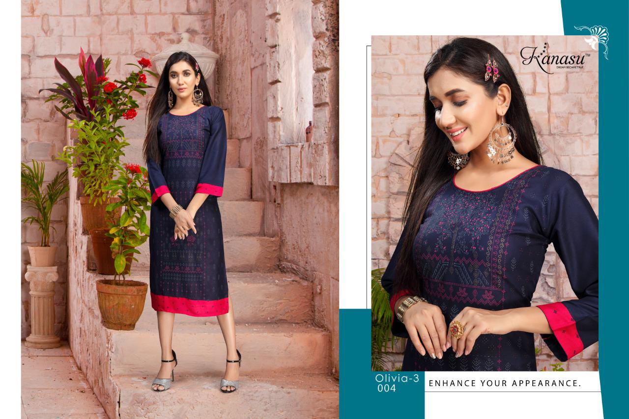 Kanasu Olivia 3 Latest Fancy Designer Heavy Rayon Straight Kurti Collection
