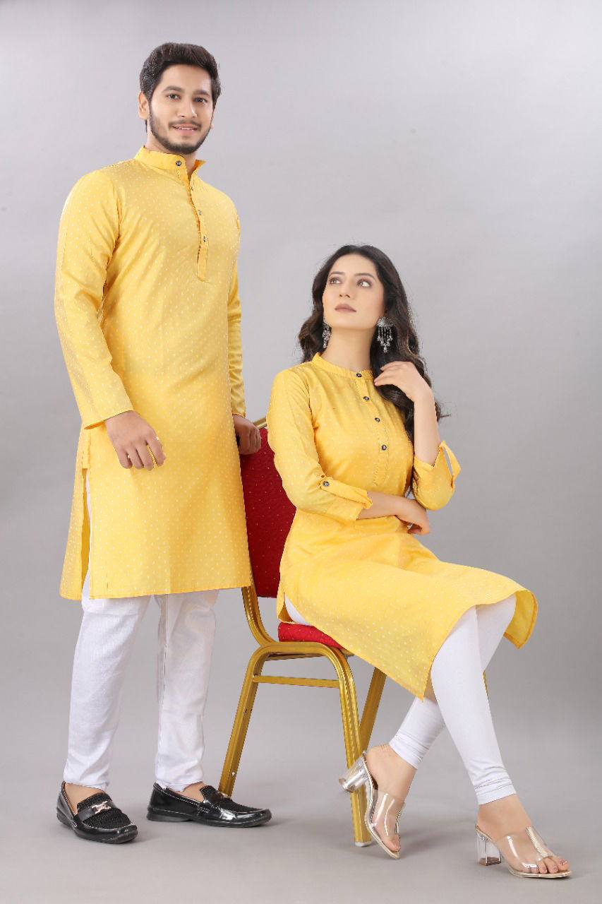 Sabella Latest Fancy Designer fancy Party Wear Couple Kurta Cotton Jacquard Couple Kurta Collection
