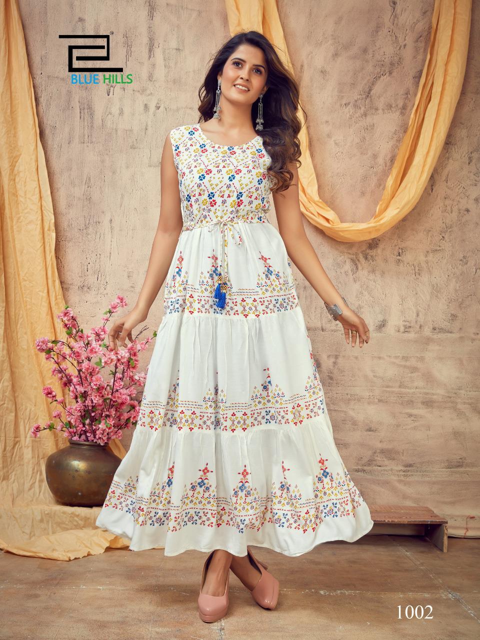 Blue Hills Poker Latest Fancy Designer Festive Party Wear Long Printed Rayon Kurti Collection