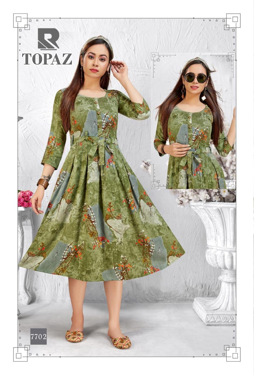 Raashi Topaz Latest Festive Wear Anarkali Style Heavy Rayon Printed Kurti Collection