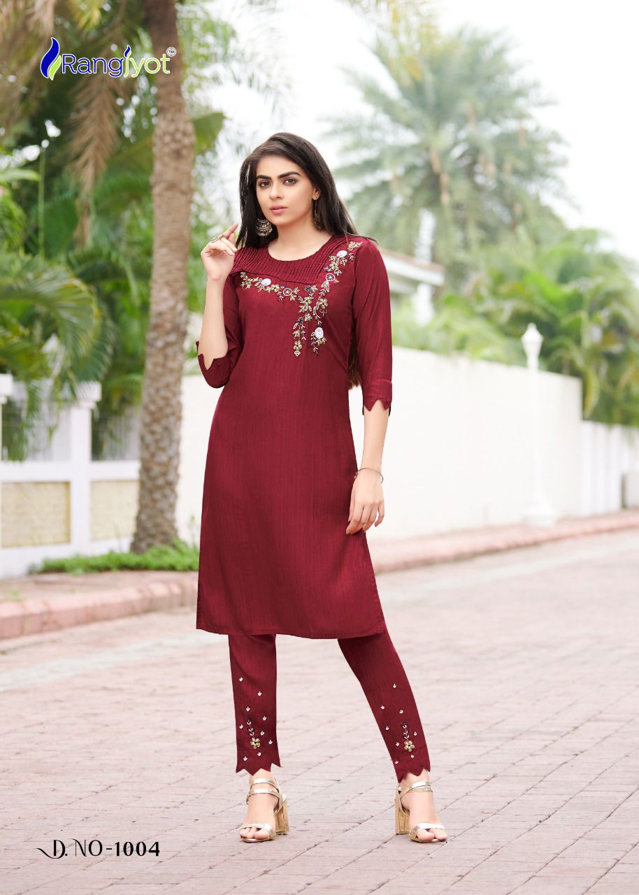 Rangjyot Aarohi 1 Ethnic Wear Rayon With Khatli Work Kurtis With Bottom Collection
