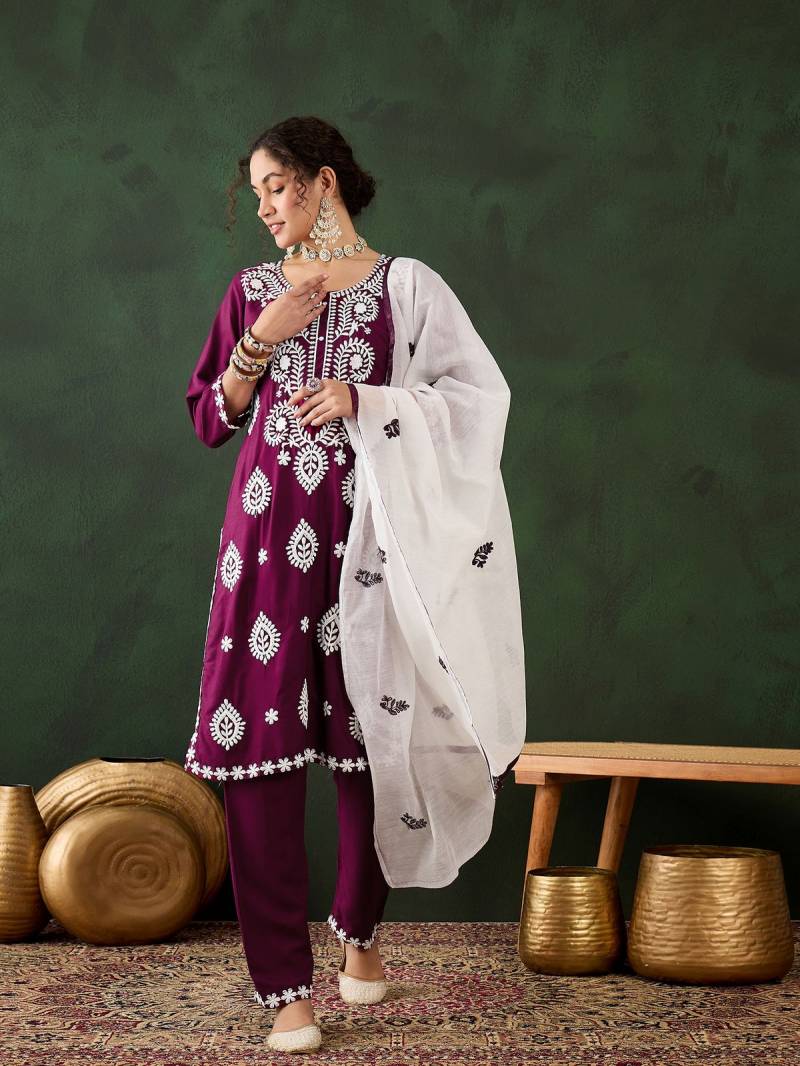 Color Set 8502 Cotton Chikankari Kurti Bottom With Dupatta Wholesale Online