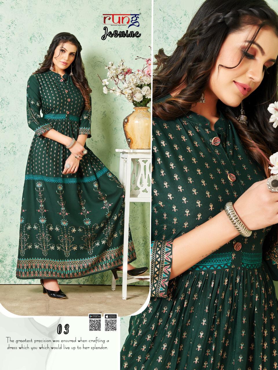 Rung Jasmine Latest Fancy Designer Casual Wear Rayon Gold Print Long Kurtis Collection
