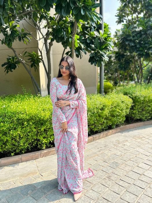 DAC Gray Floral Printed Designer Readymade Saree Orders In India