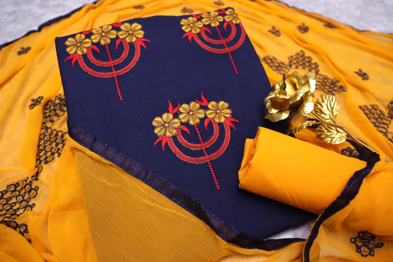 Maahi South Cotton Slub With Embroidery Work And Najmeen Embroifery Work Dupatta Dress Mterial OR Ready Made Collection