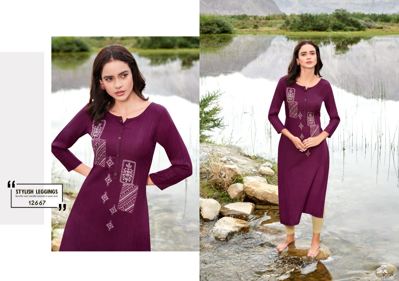 Kalaroop Beat Rayon With Embroidery Work Party Wear Designer Kurtis Collection
