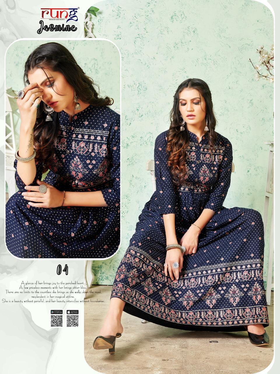 Rung Jasmine Latest Fancy Designer Casual Wear Rayon Gold Print Long Kurtis Collection

