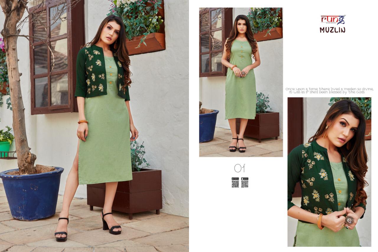Rung Muzlin Heavy Slub Rayon Designer Party Wear Kurti With Jacket Collection
