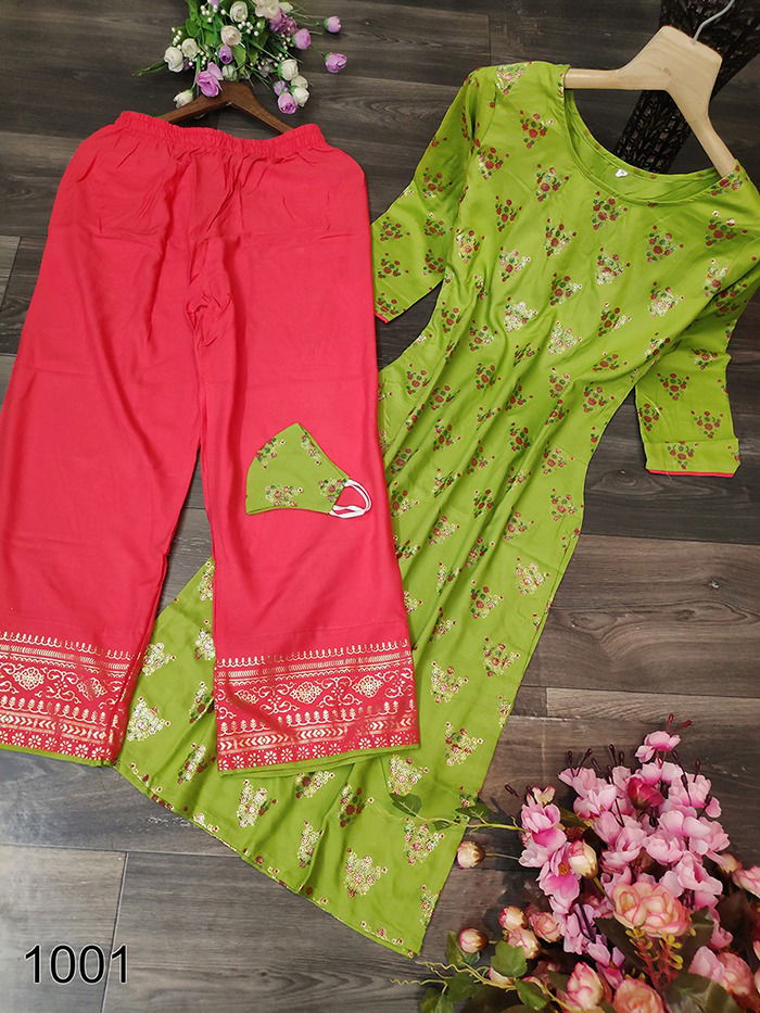 New Latest Designer Collection Of Festive Wear Foil Printed Kurtis And Plazzo With Mask 