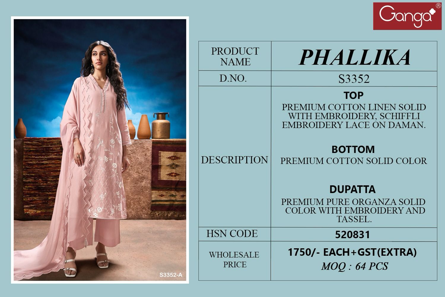 Phallika 3352 by Ganga Cotton Printed Embroidery Salwar Suit Orders In India