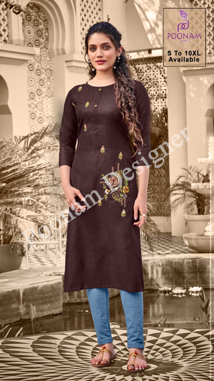Poonam Kurti House 2 Ethnic Wear Fancy Embroidery Work Slub Cotton Kurtis Collection
