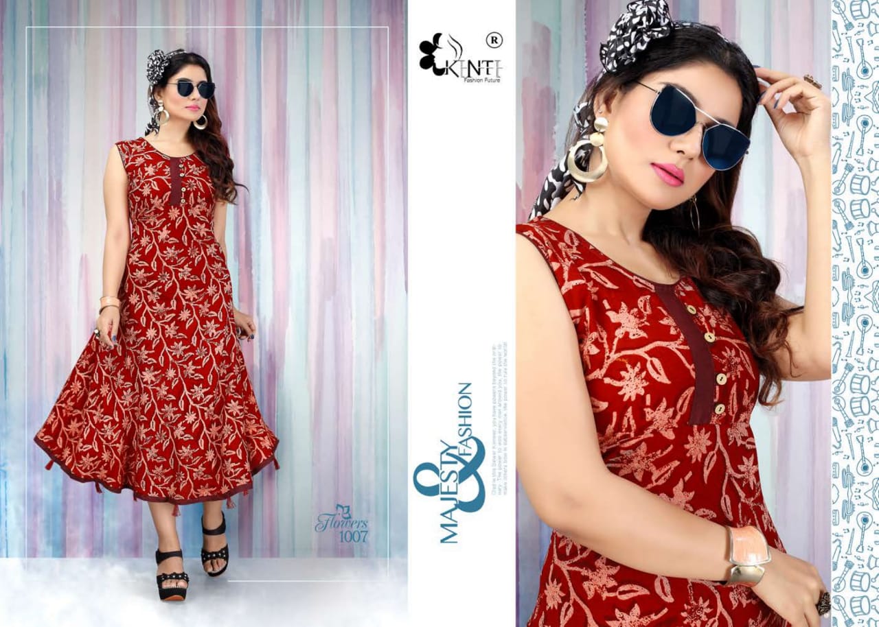 Kinti-Flowers Fancy Designer Regular Wear Heavy Rayon Printed Kurti collection