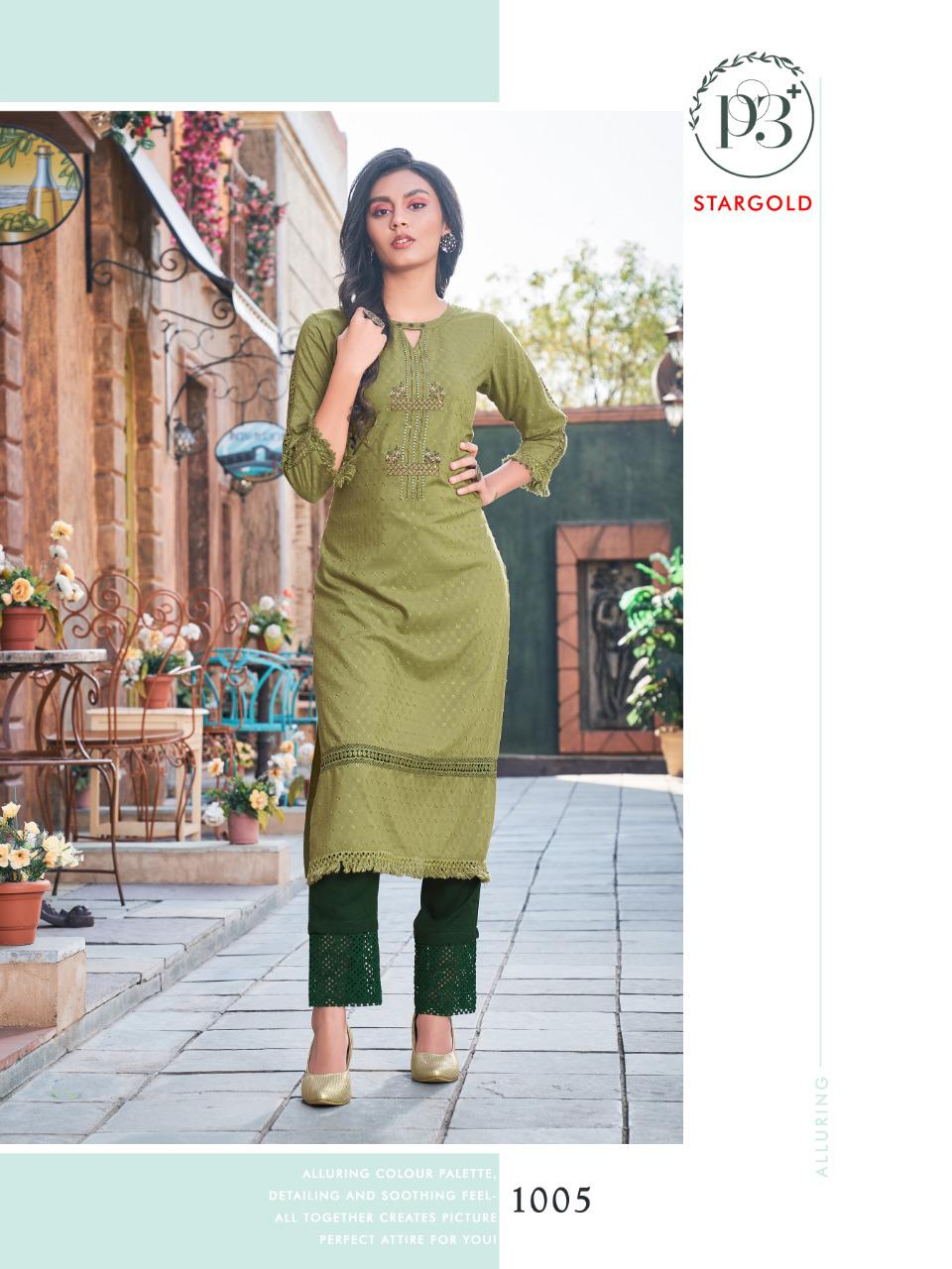 P3 Star Gold Latest Fancy Designer Ethnic Wear Poly Rayon Embroidery Kurti With Bottom Collection
