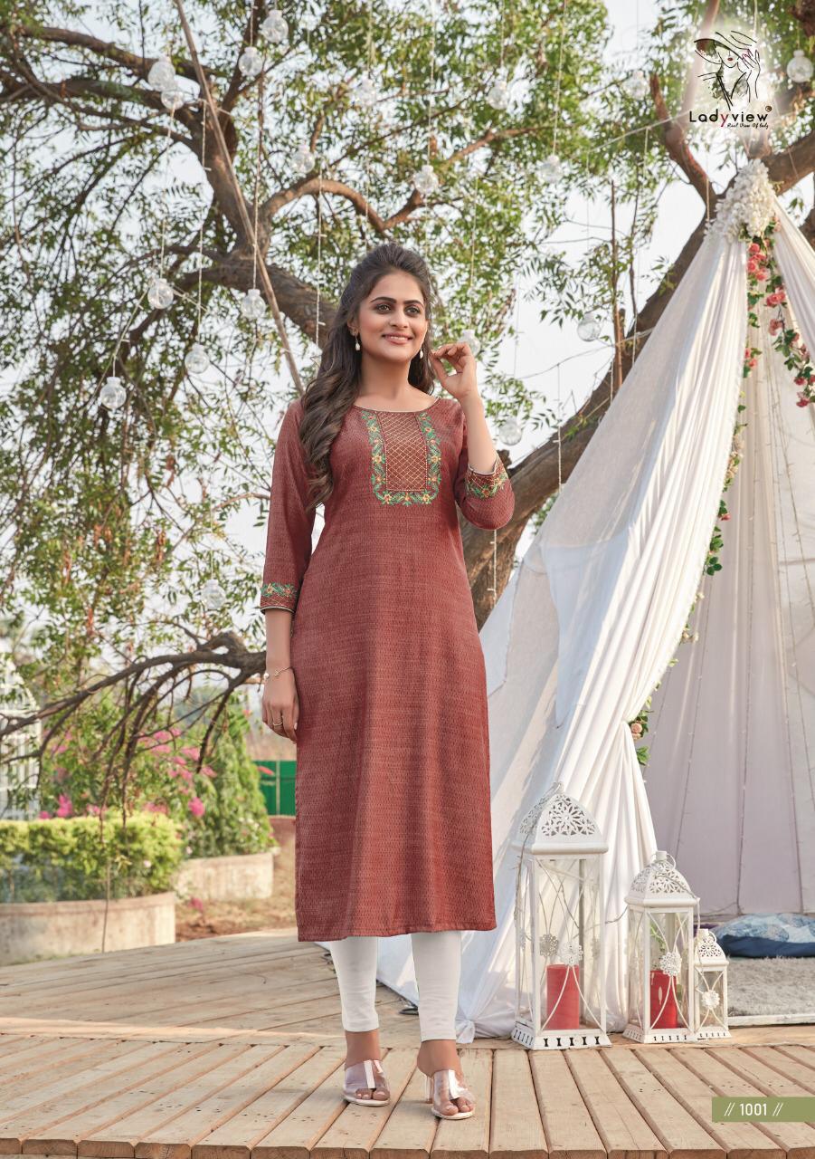 LADYVIEW MADHURIKA Latest Fancy Designer Heavy party wear Lexus Rayon with Value Added Embroidery Work Kurti Collection