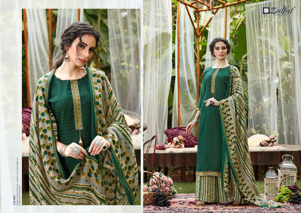 Zulfat Designer Patiala Beats Pashmina Print with Premium Elegantly Stitched Kashmiri Tie and Lace Pkazzo Suit Collection