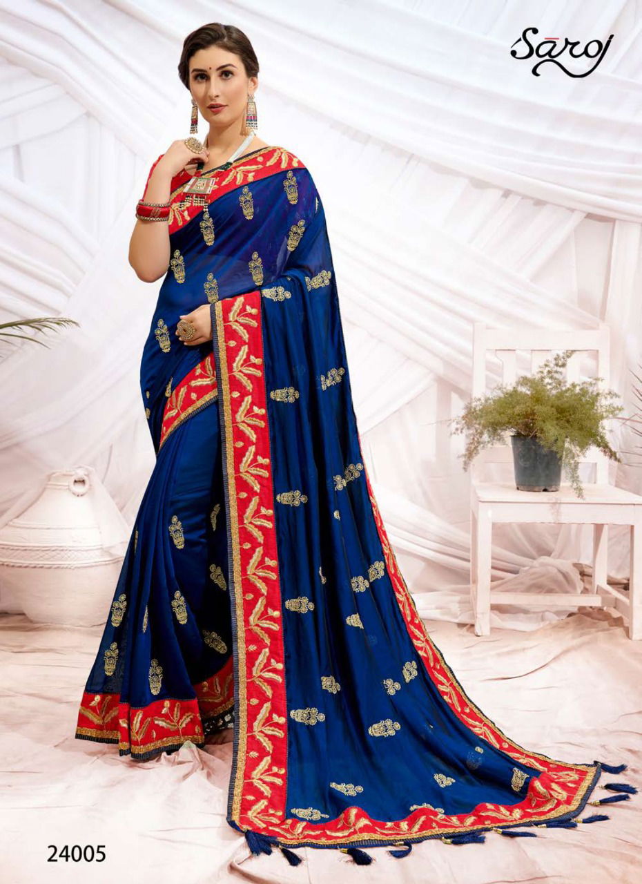 Saroj Rudraksh Heavy Wear Embroidery Worked Designer Dhupain Silk Saree Collection
