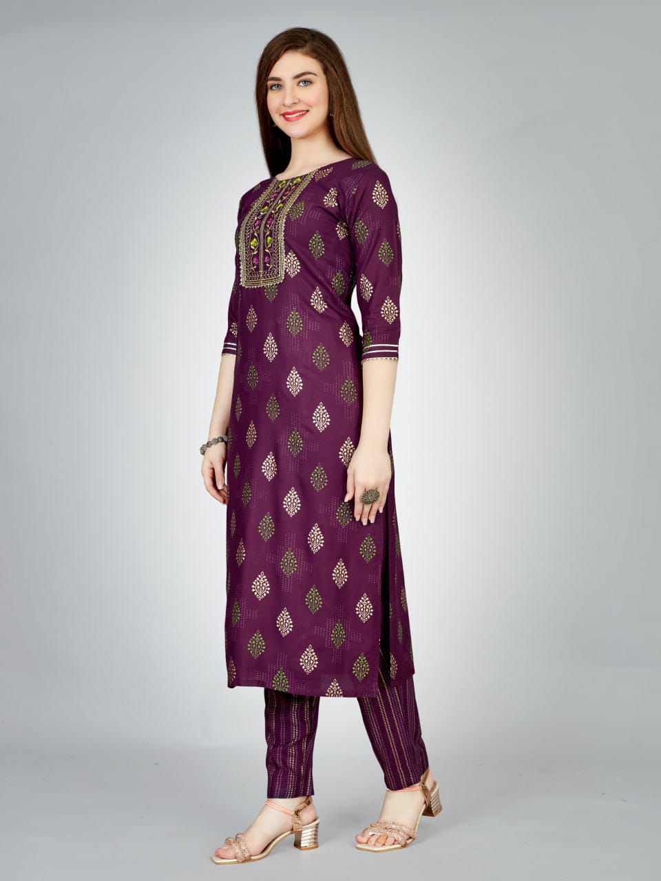 Radhika 1 Heavy Rayon Foil Printed Embroidery Kurti With Bottom Wholesale Shop In Surat
