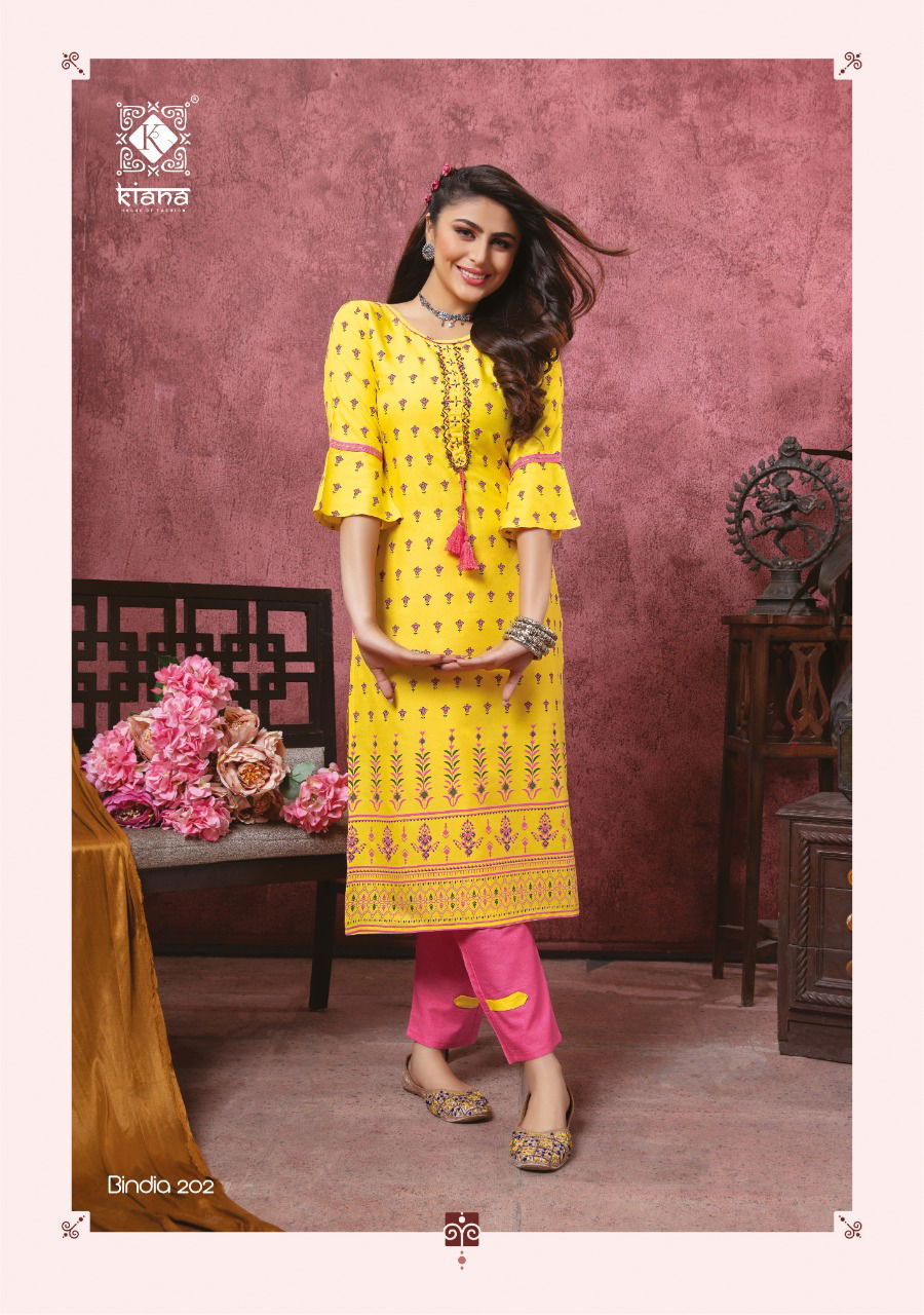 Kiana Bindia 2 Designer Latest fancy Heavy Casual Wear Rayon Cotton Kurti With Bottom Collection
