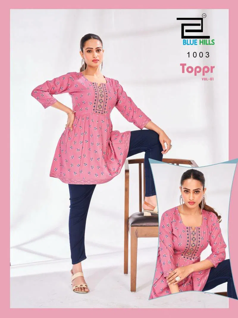 Toppr Vol 1 By Blue Hills Rayon Embroidered Short Kurti Online Wholesale