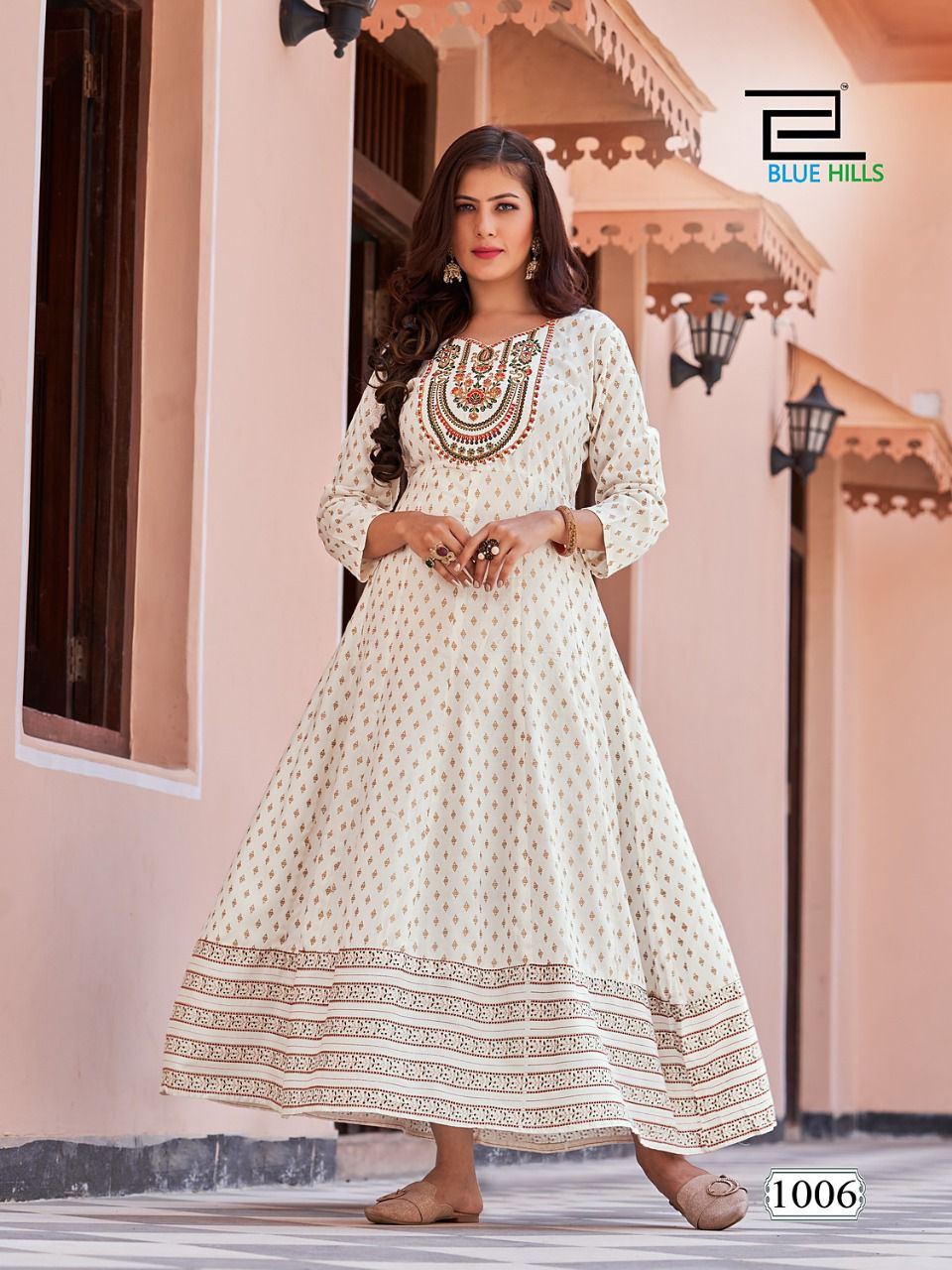 Encounter By Blue Hills Rayon Foil Printed Long Anarkali Kurtis Wholesale Market In Surat
