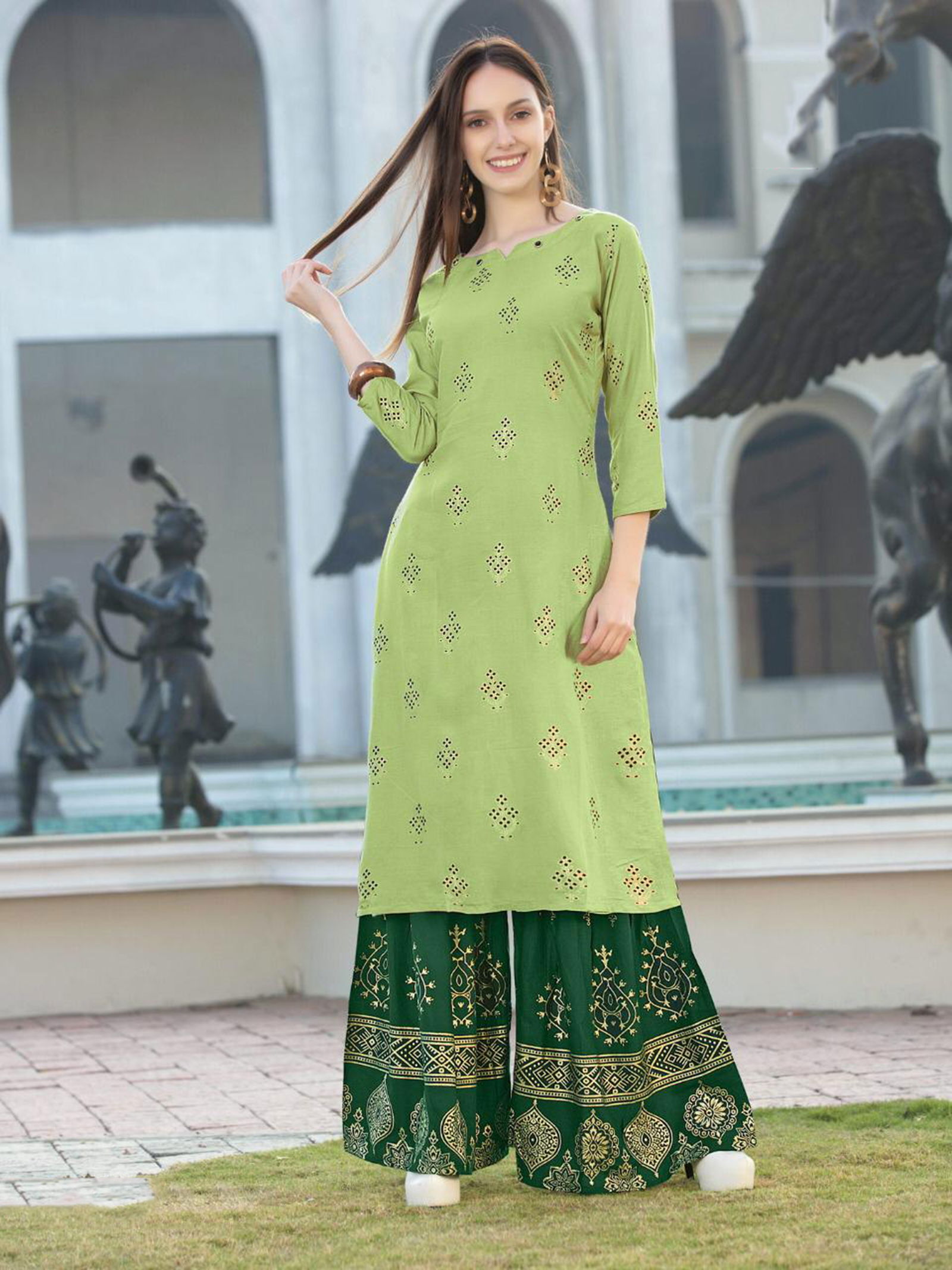 Rimzim 1 Latest Fancy Designer Ethnic Wear Rayon Foil Printed Kurtis With Palazzo Collection
