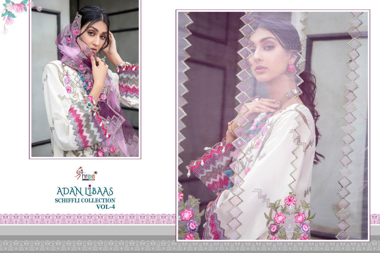 Shree Adan Libaas Schiffli Collection 4 Latest Fancy Casual Wear Pure Cotton Pakistani Salwar Suits Collection
