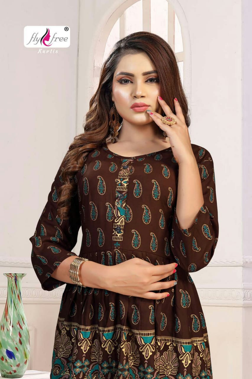 Fly Free Phonix Latest fancy bcasual wear Rayon Printed Designer Anarkali Kurtis Collection

