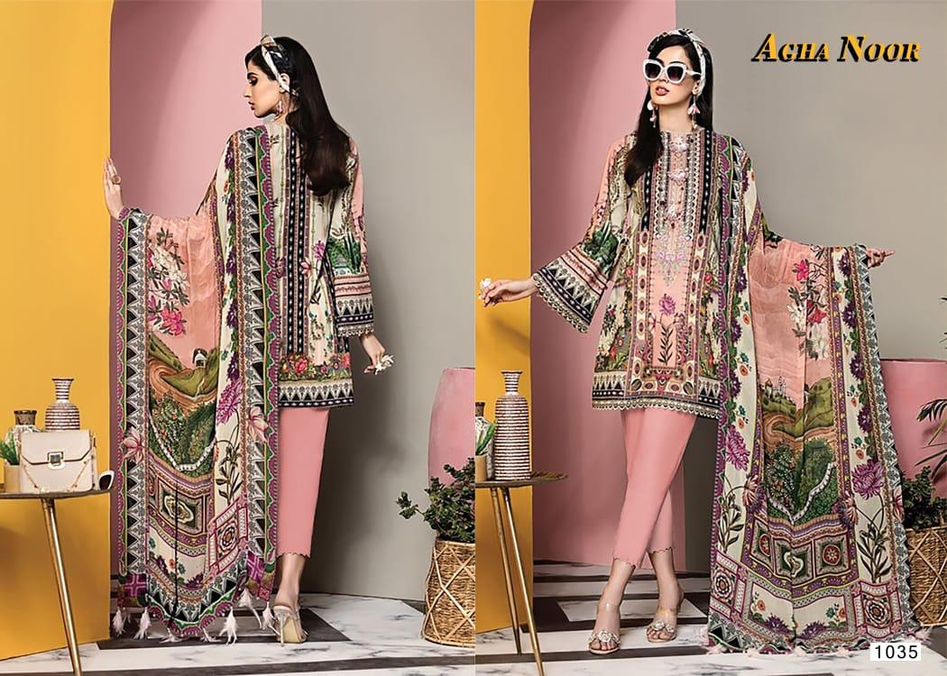 Agha Noor 3 Latest Fancy Festive Wear lawn cotton Top And Bottom With Mal Mal Printed Dupatta Karachi Dress Materials Collection