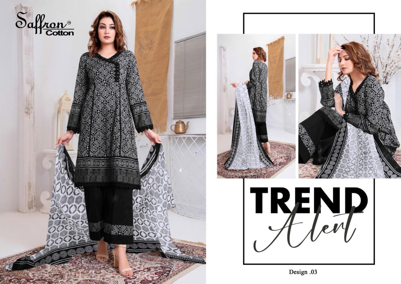 Saffron Latest Fancy Designer Casual Wear Black And White Printed Cotton Dress Material Collection
