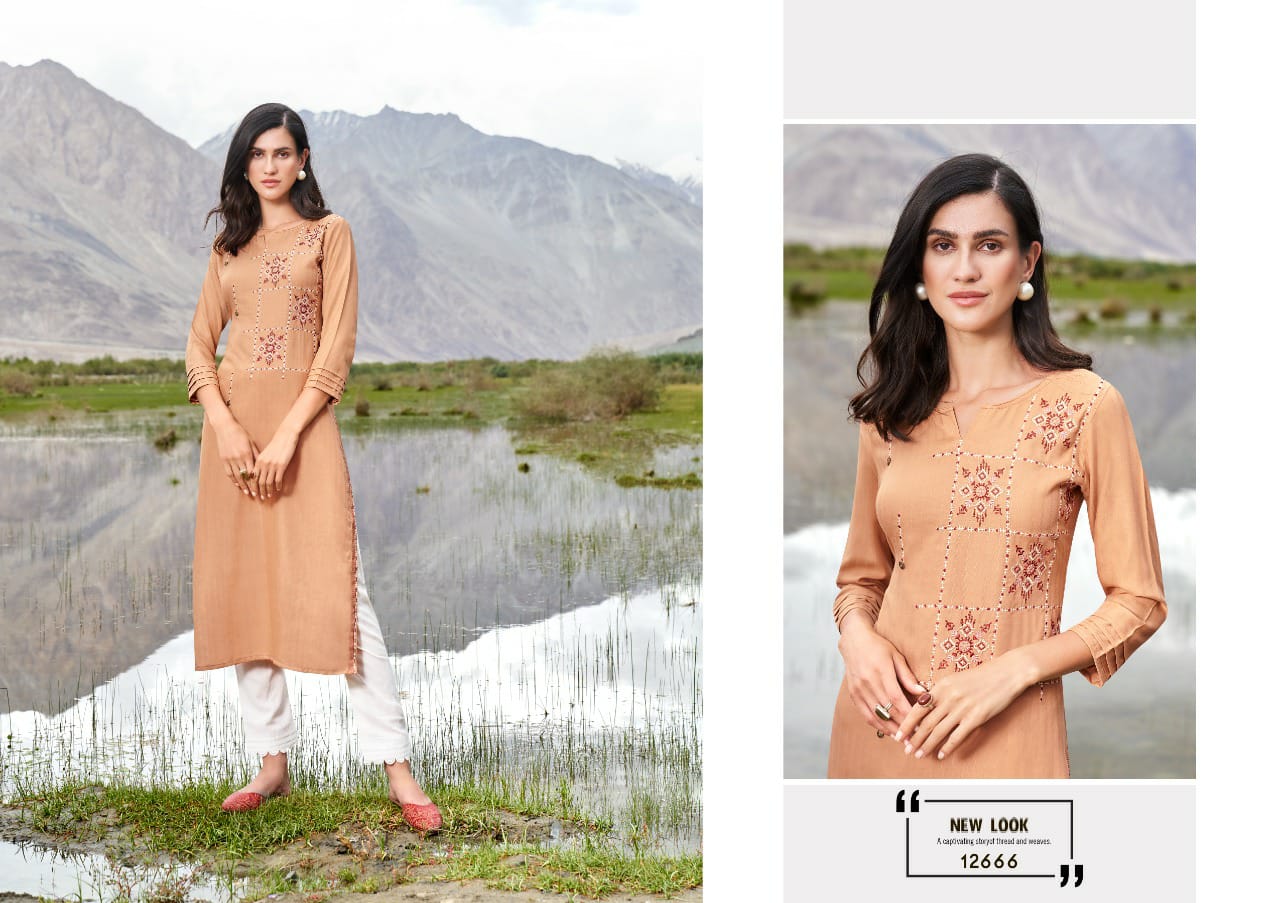 Kalaroop Beat Rayon With Embroidery Work Party Wear Designer Kurtis Collection
