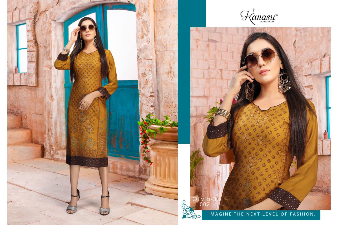 Kanasu Olivia 3 Latest Fancy Designer Heavy Rayon Straight Kurti Collection
